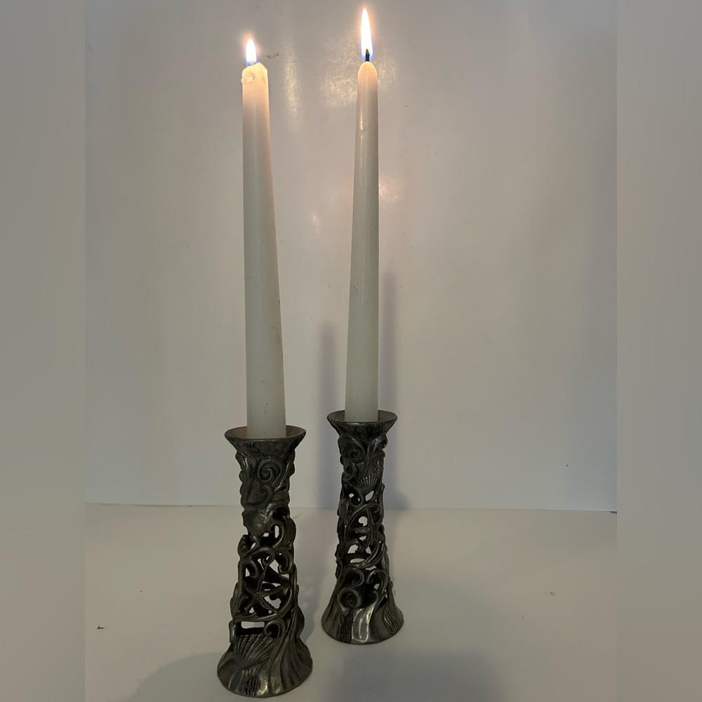 Vintage 1995 Seagull Pewter Canada Etain Zinn Seashell Ocean Wave Candle Holder